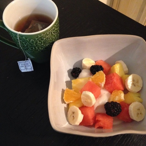 Spin class done, breakie of cocoanut yoghurt, fruit and tea