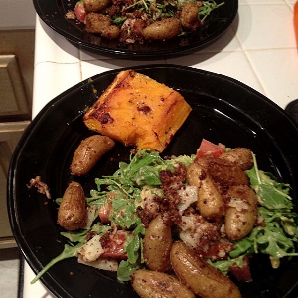 Post packing meal... roasted potatoes with garlic, breadcrumbs and parmesan, salad and squash