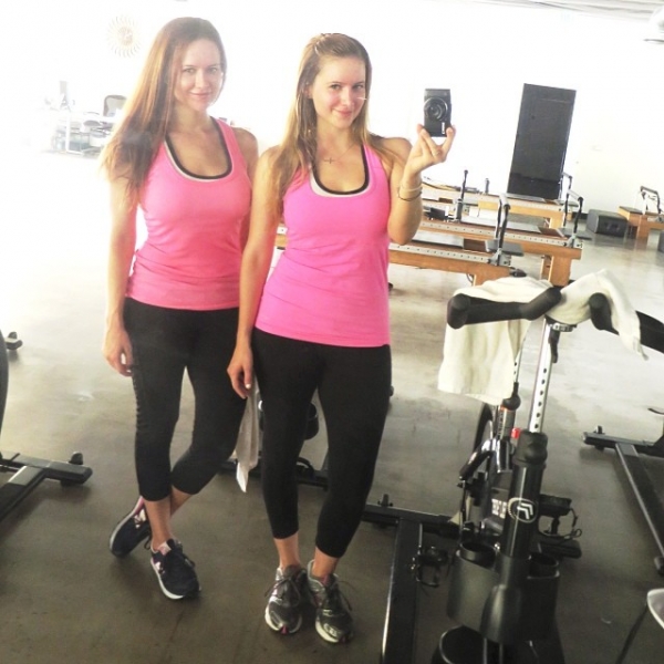 We walked out of our rooms for spin class this morning wearing the exact same outfit down the the sports bras